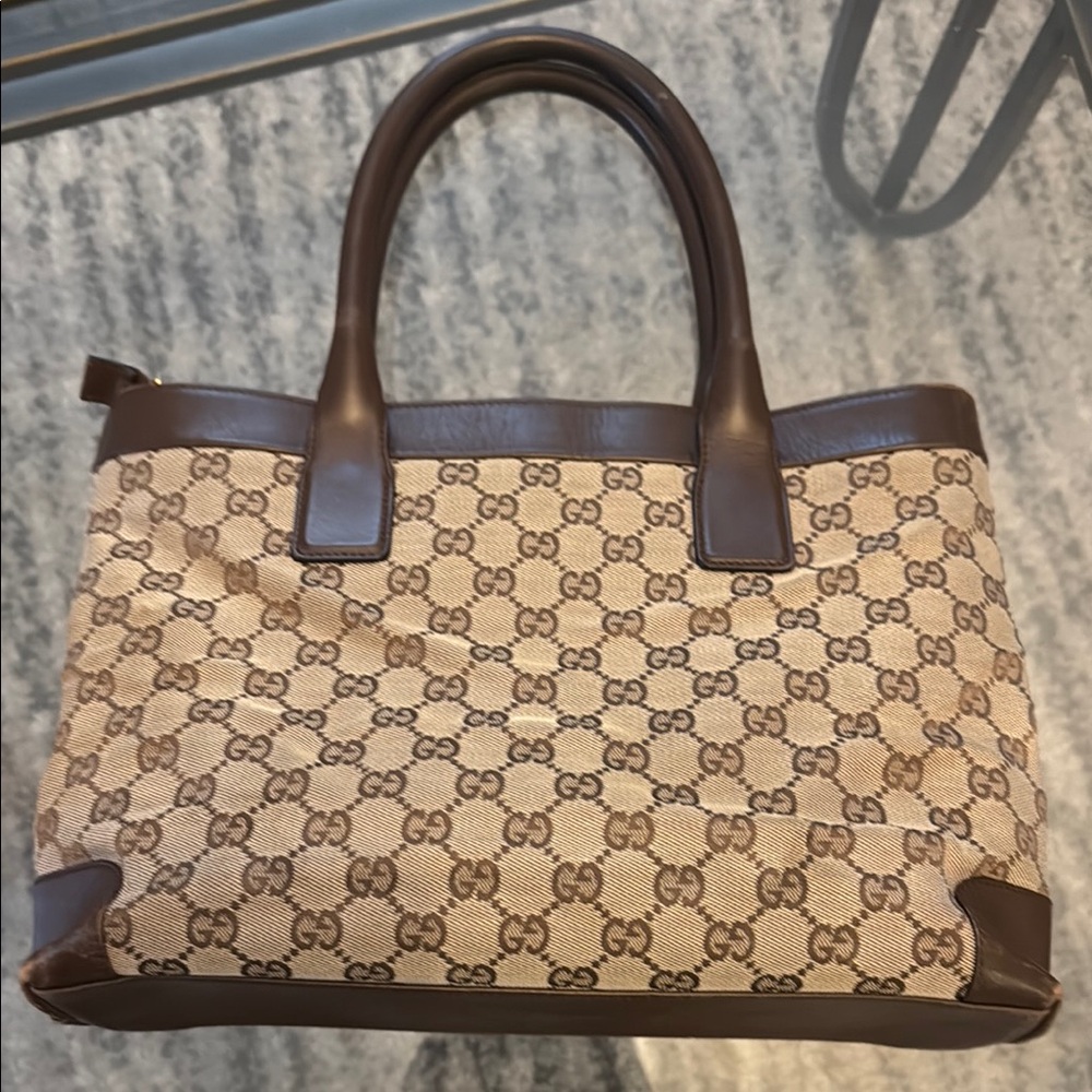 Authentic Gucci Brown Canvas Tote with Leather Trim
